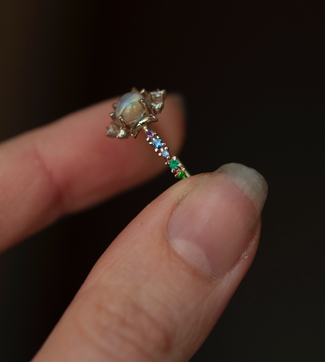 SAMPLE Moonstone Rainbow Wandering Star Ring - Size 10.5