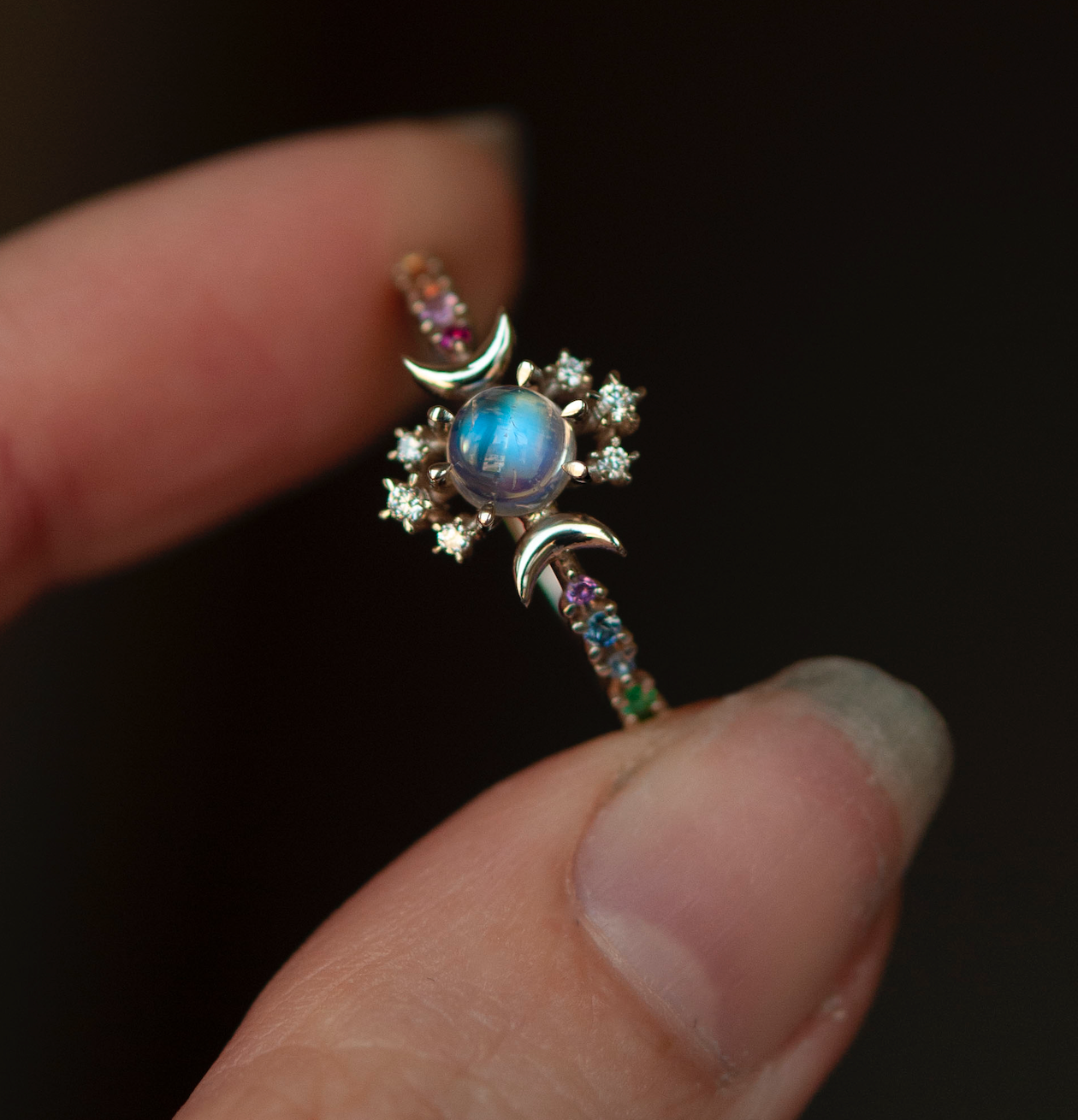 SAMPLE Moonstone Rainbow Wandering Star Ring - Size 10.5