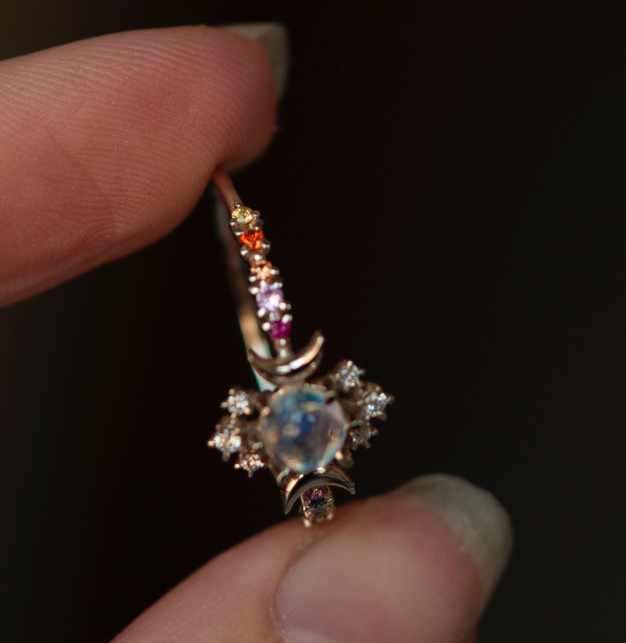 SAMPLE Moonstone Rainbow Wandering Star Ring - Size 10.5