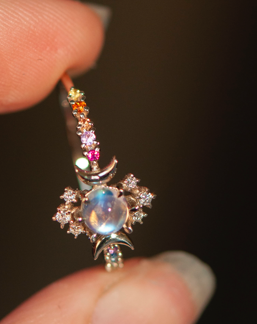 SAMPLE Moonstone Rainbow Wandering Star Ring - Size 10.5