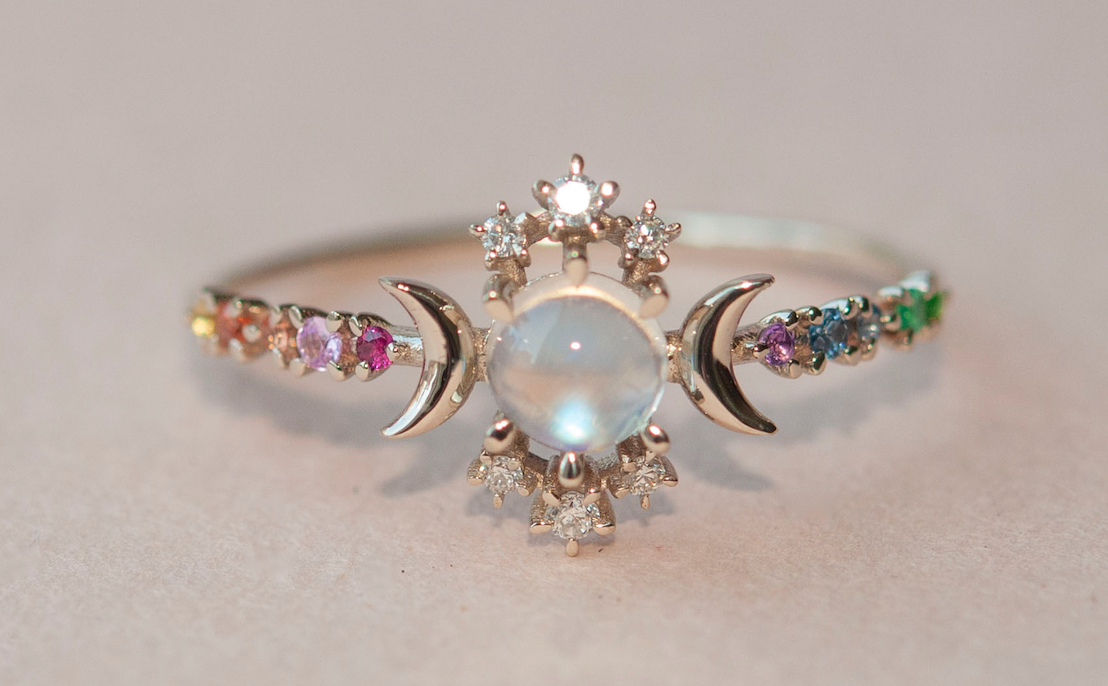 SAMPLE Moonstone Rainbow Wandering Star Ring - Size 10.5