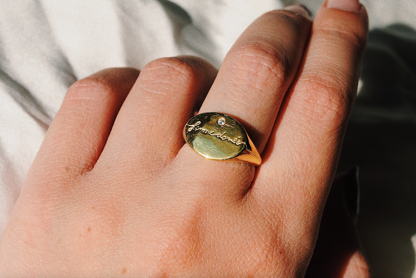 SAMPLE Femme Dorée Engraved with Stone Ring - Size 6.25 - GOLD VERMEIL