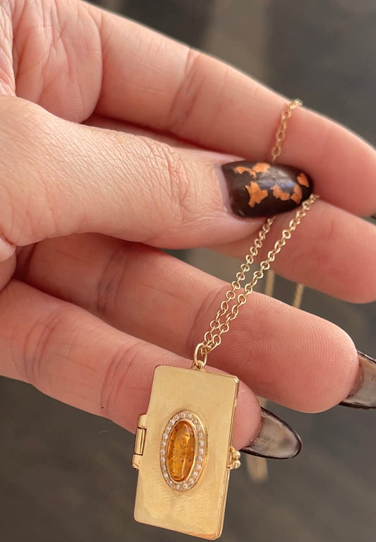 SAMPLE  Orange Topaz Cathedral Book Locket with 1.3mm cable chain 20"