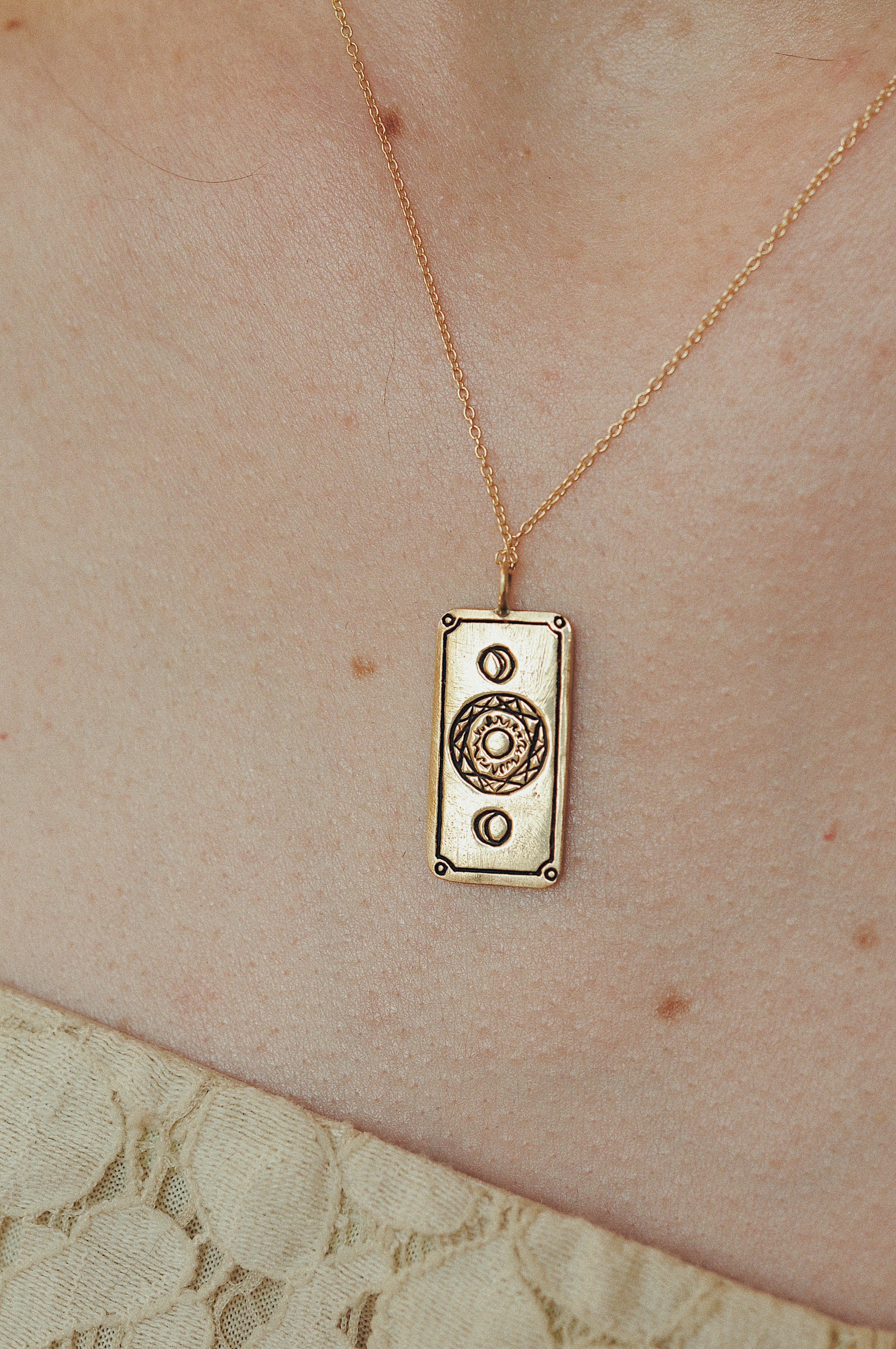 Bronze Moon Tarot Card Necklace with Gold Fill Chain